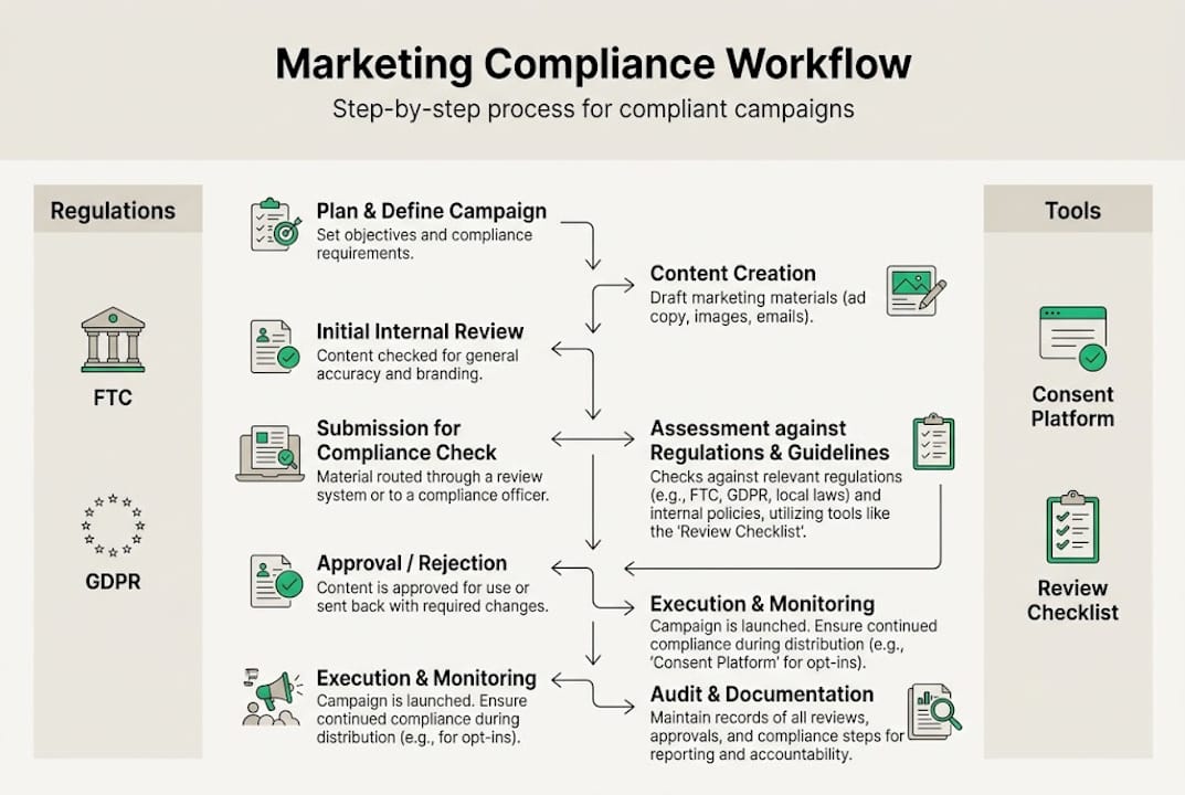 Infographic of compliance workflow steps and tools