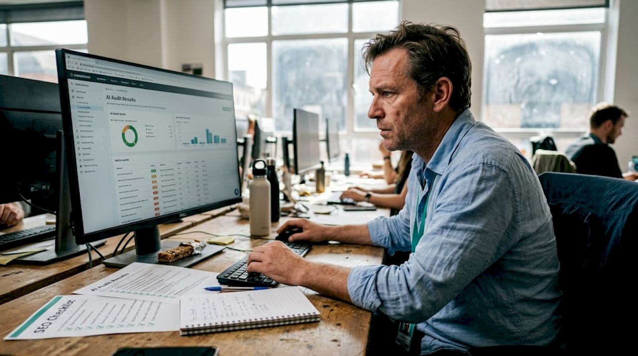 SEO manager reviewing technical audit at desk