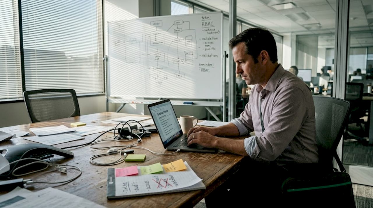 Manager reviewing CMS compliance checklist