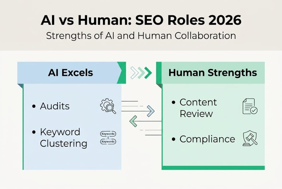 Infographic contrasting AI and human SEO strengths