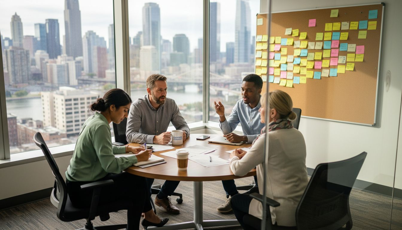 Diverse employees discussing retention in office