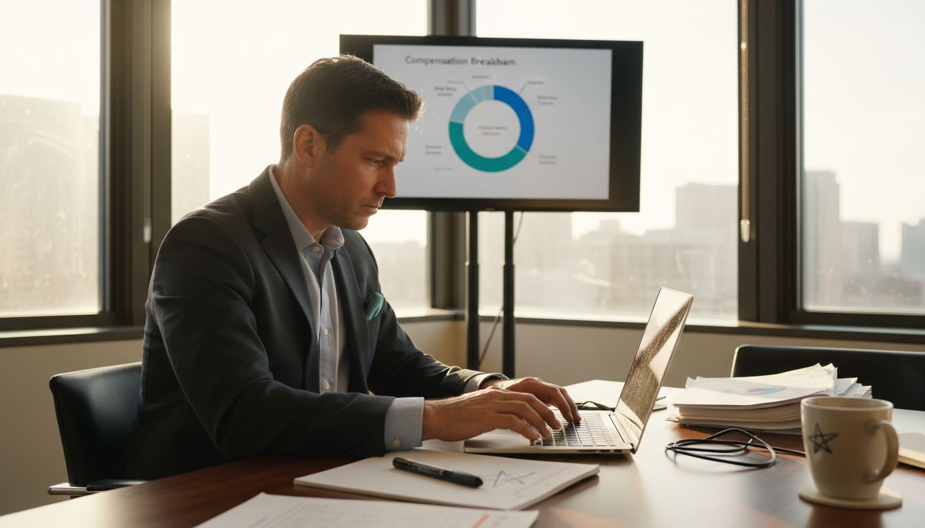 HR manager reviews compensation reports in office