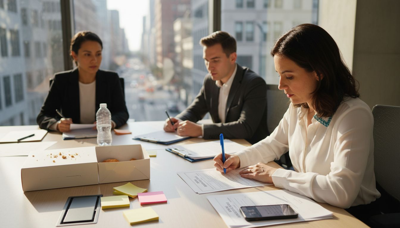 Team meeting with recognition certificates in office