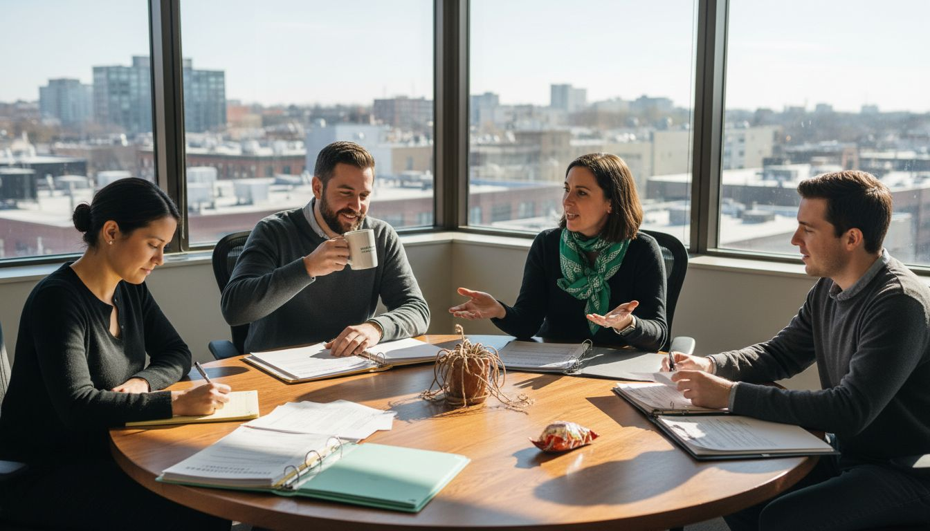 Employees discussing fringe benefits around table