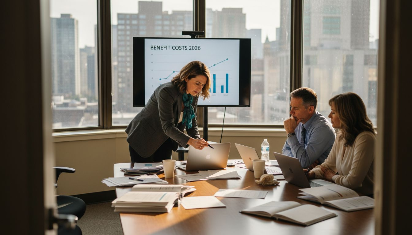 Managers discussing employee benefits strategy meeting