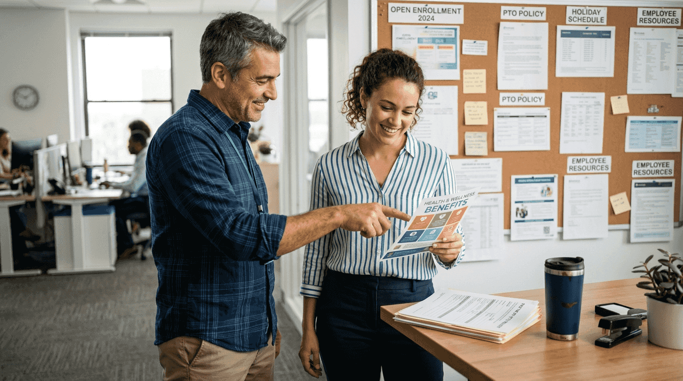 Coworkers discussing flexible benefits flyer