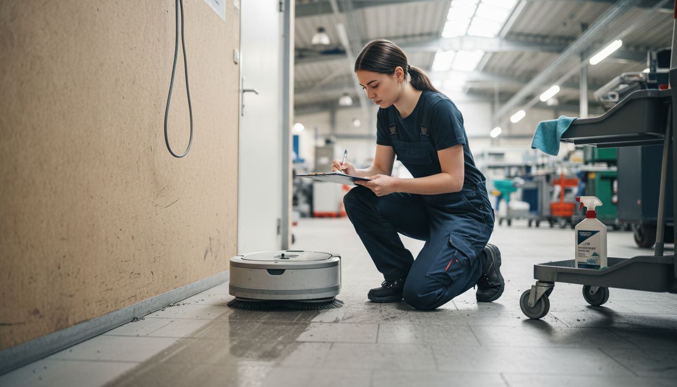 Reinigungsroboter Auswahl Guide: Effizient das passende Modell finden 3 Eine Reinigungskraft probiert in einer Halle einen neuen Putzroboter aus.