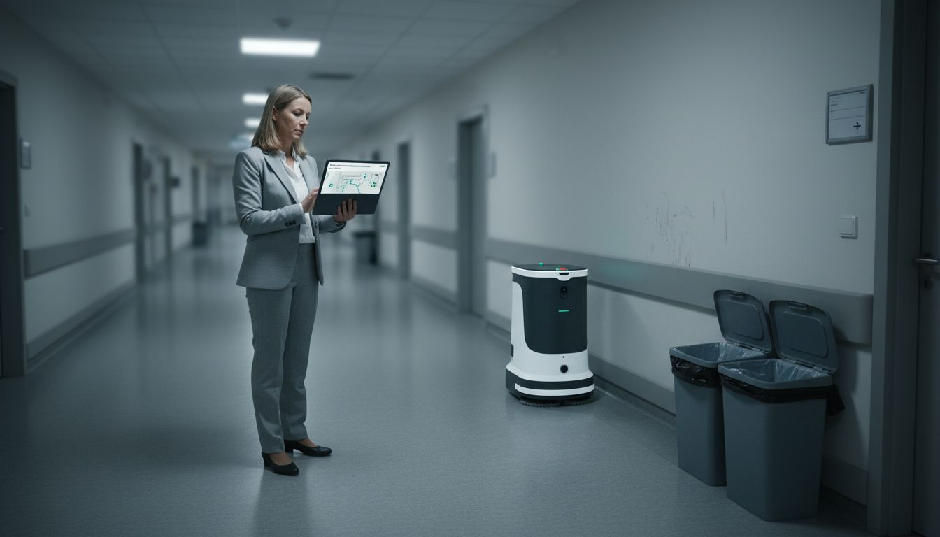Robotergestützte Reinigung – Effizienz für Facility Management 2 Eine Facility-Managerin wirft im Flur ein Auge auf den Reinigungsroboter.