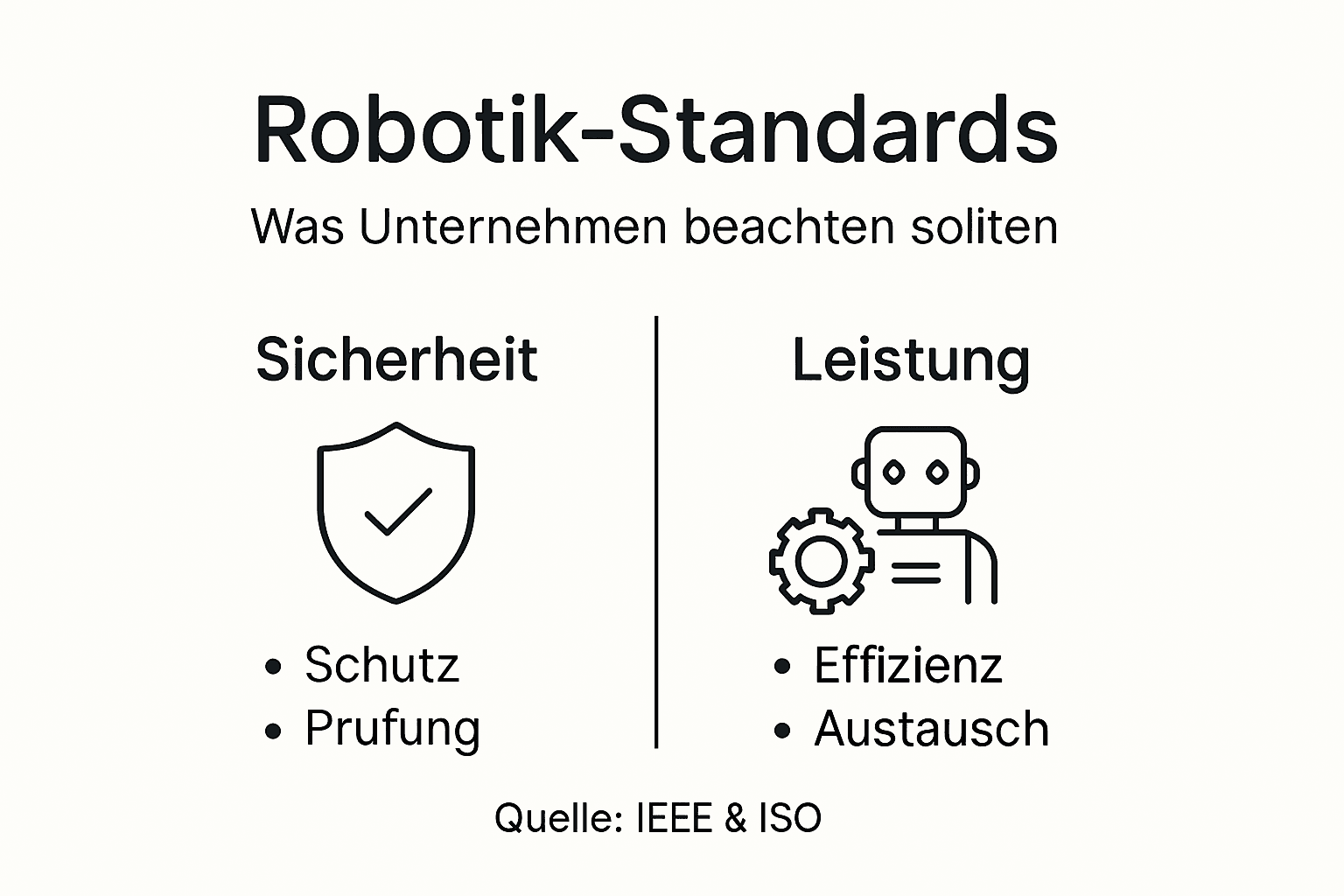 Robotik-Standards: Bedeutung und Auswirkungen für Unternehmen 2 Übersichtliche Infografik mit klar gegliederten Kategorien und prägnanten Beschriftungen