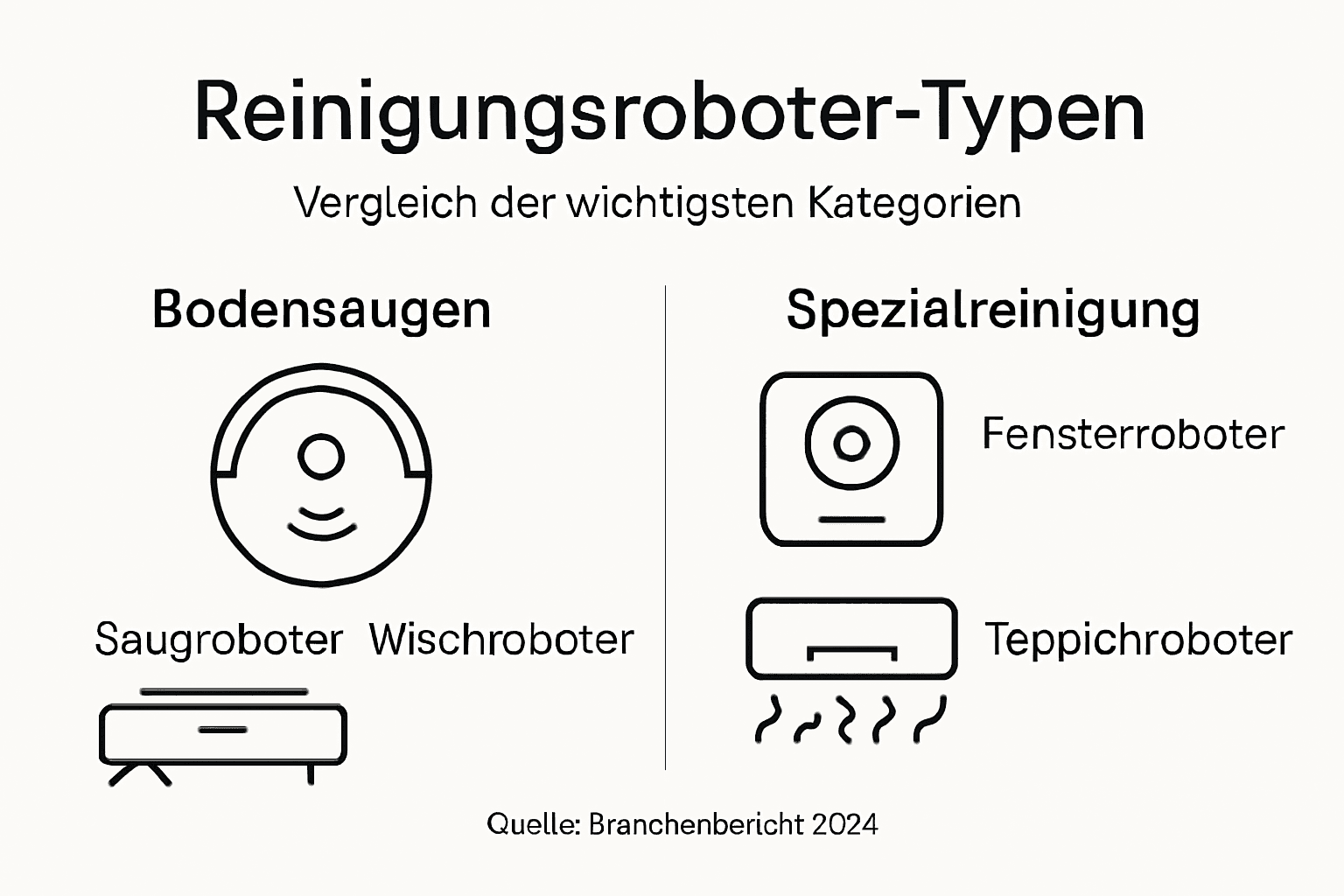 Infografik: Verschiedene Arten von Reinigungsrobotern und ihre wichtigsten Eigenschaften auf einen Blick