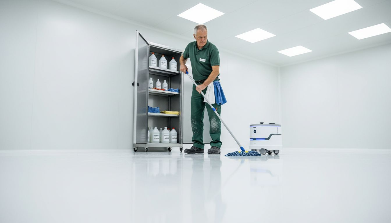 Reinraumroboter erklärt: Effizienz und Sauberkeit für Facility-Manager 3 Fachkraft für Reinraumtechnik beim Einsatz von Reinigungsrobotern