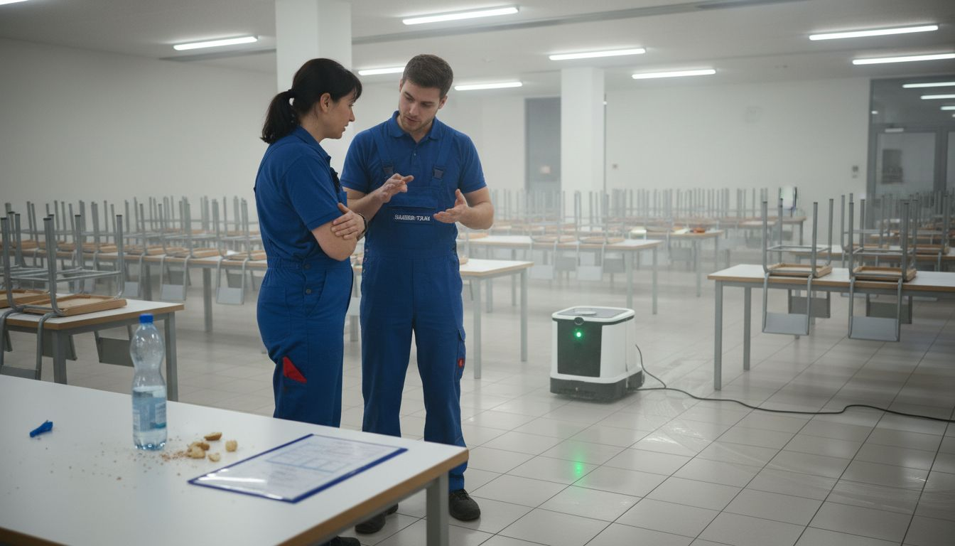 Rolle von Robotern in der Gebäudereinigung: Effizienz und Praxis 3 Das Team tauscht sich über den geplanten Einsatz eines Reinigungsroboters aus.
