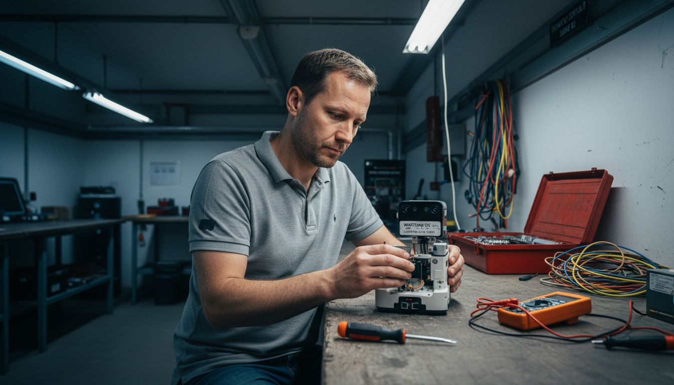Ein Ingenieur überprüft die Sicherheitsfunktionen eines Roboters.