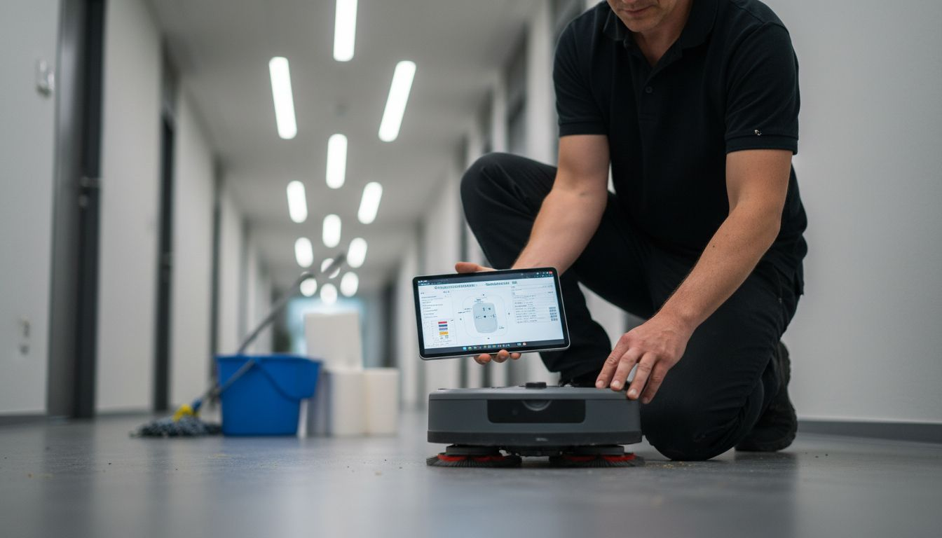 Ein Servicetechniker nimmt die Sensoren des Putzroboters genau unter die Lupe.