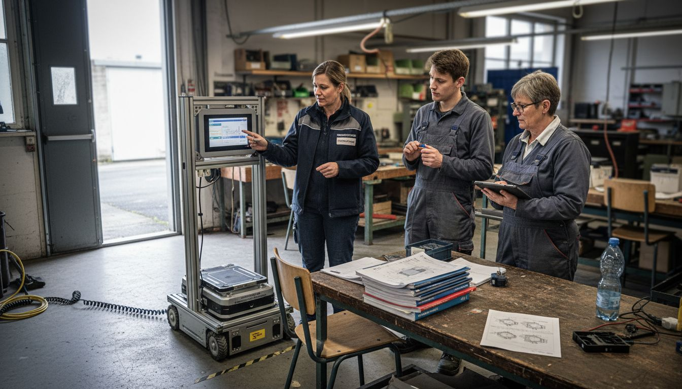 Das Team macht sich mit dem neuen Transportroboter vertraut und lernt, ihn im Arbeitsalltag einzusetzen.