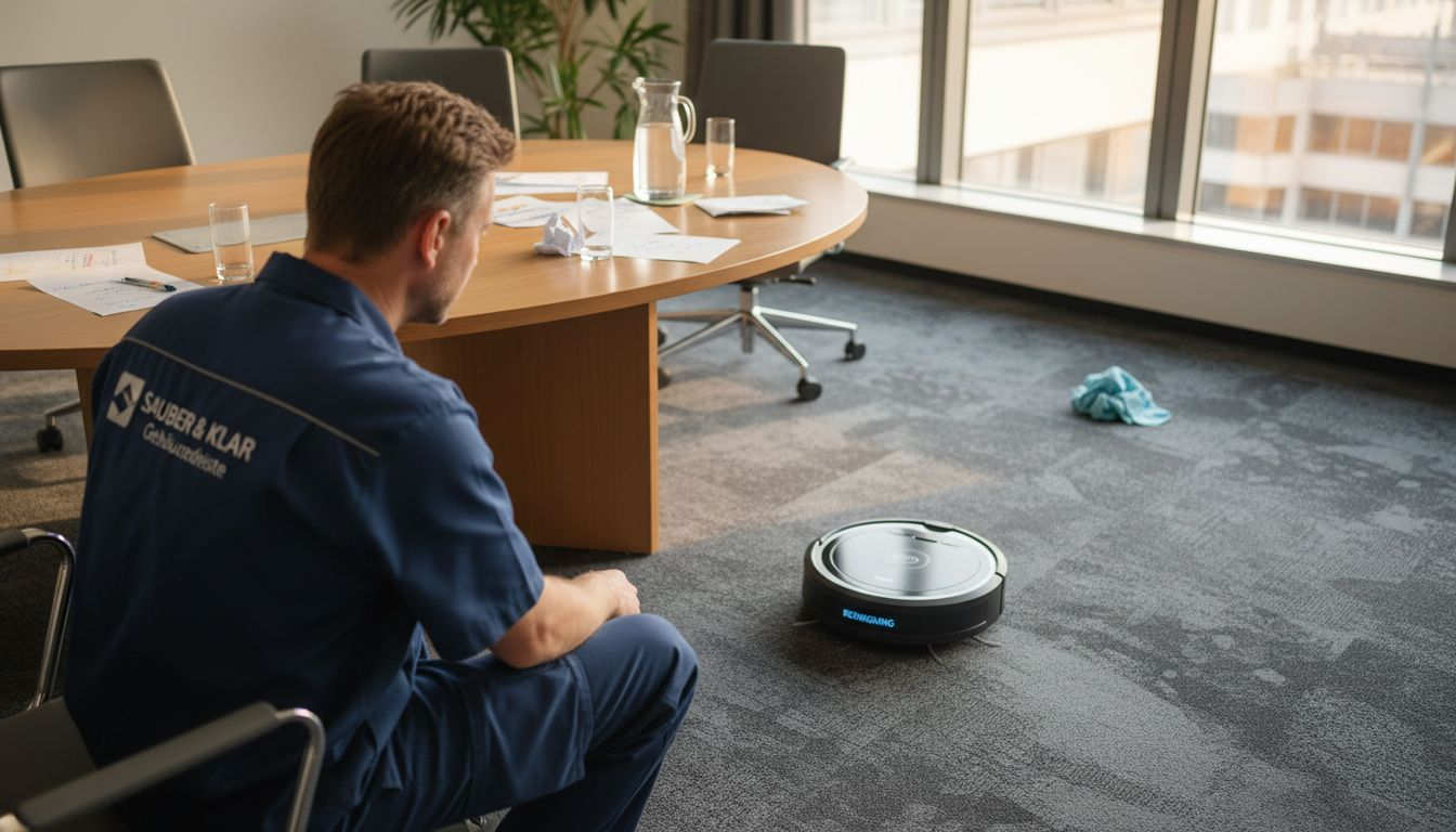 Ein Techniker überprüft den Probelauf eines Reinigungsroboters im Büro.