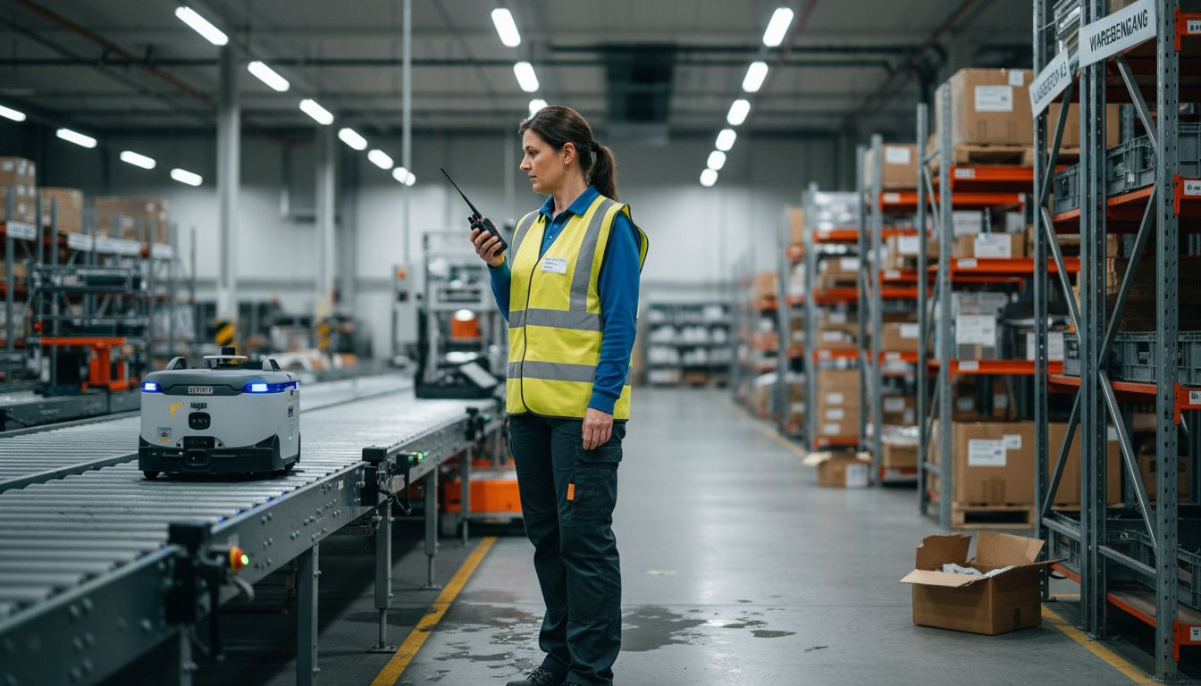 Ein Logistikmitarbeiter überwacht die Einführung und das Zusammenspiel von Robotersystemen.