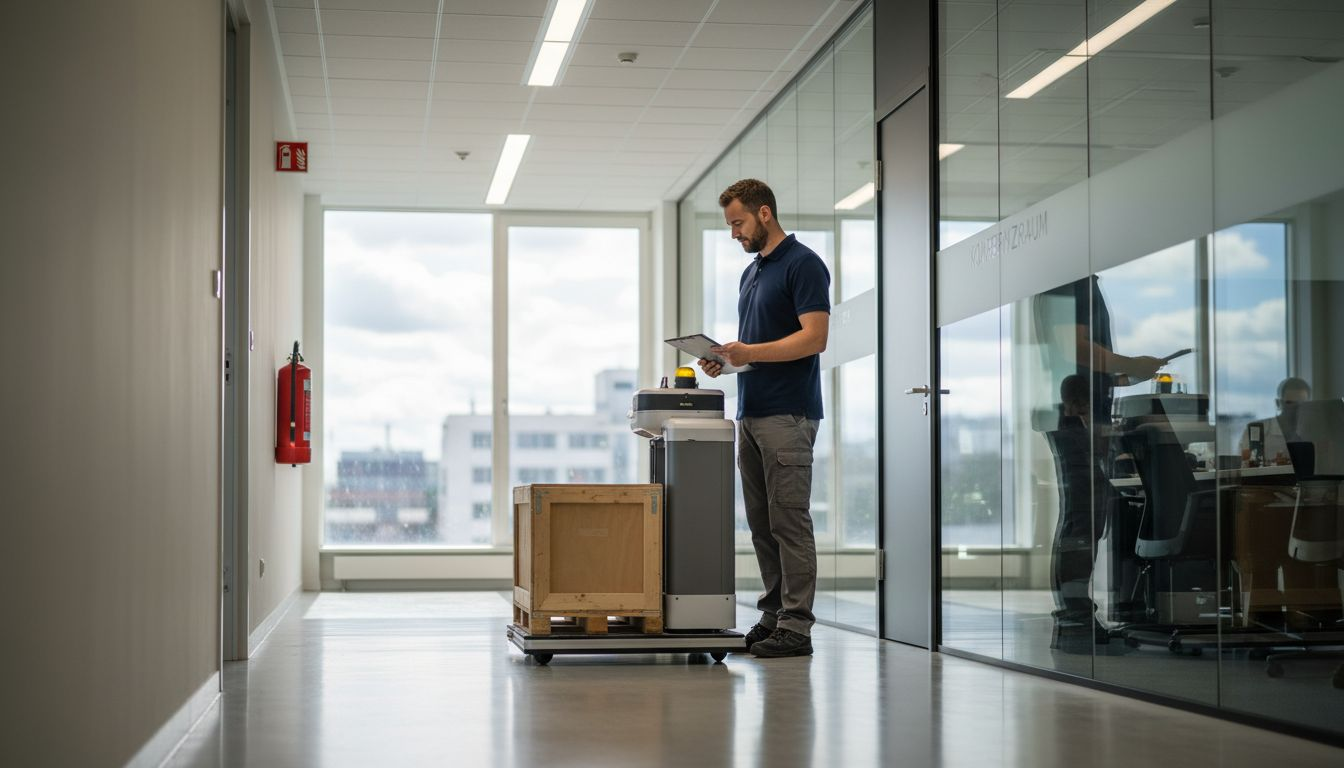 Ein Techniker überprüft den Sicherheitssensor eines Transportroboters.