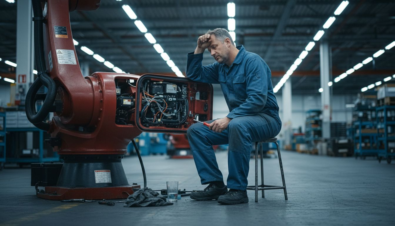 Ein Techniker führt Wartungsarbeiten an einem Roboter in der Fertigungshalle durch.