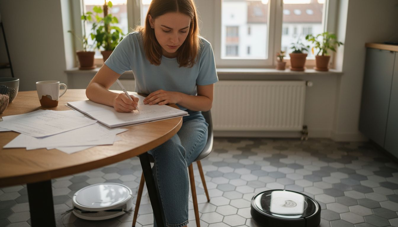 Eine Frau vergleicht zwei verschiedene Saugroboter-Modelle miteinander.