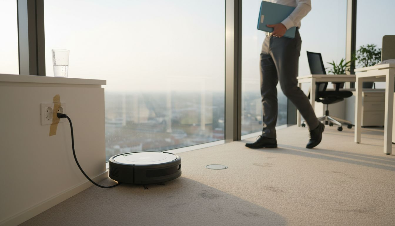 Ein Putzroboter manövriert sicher durch das Büro, auch wenn dort Menschen unterwegs sind.