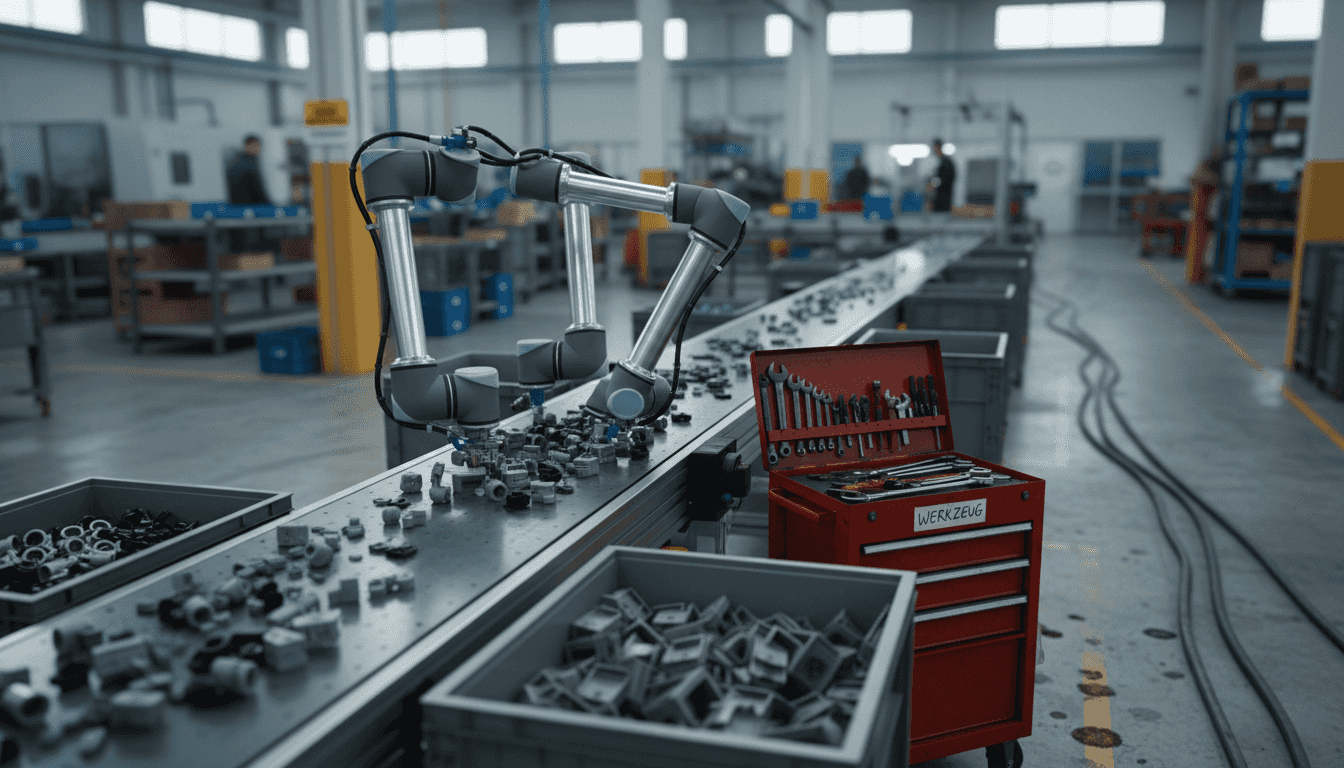 Ein Delta-Roboter übernimmt das Sortieren von Bauteilen auf dem Förderband.