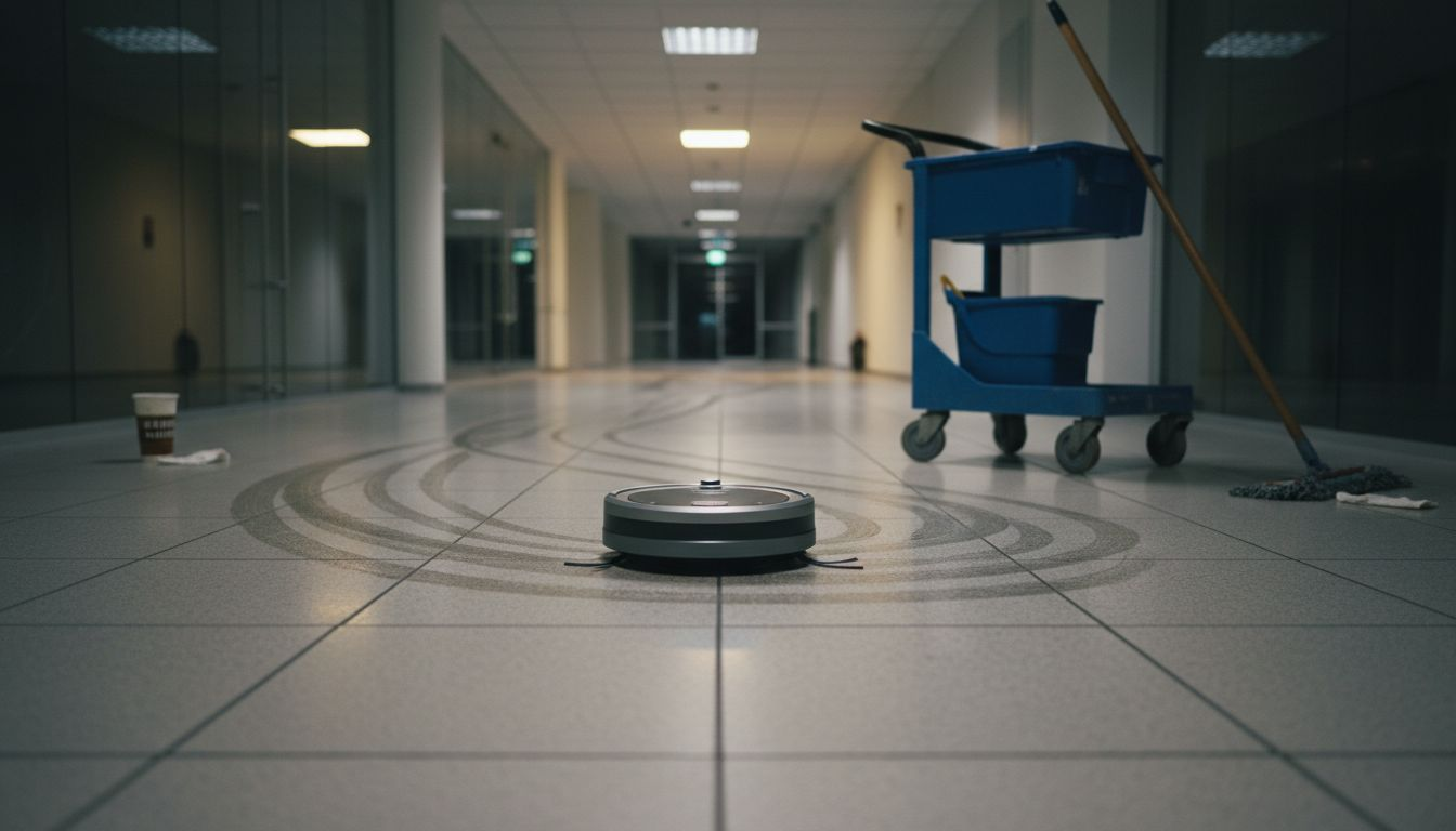 Nachts dreht der Putzroboter im Bürogebäude seine Runden und sorgt für Sauberkeit, während alle anderen Feierabend haben.