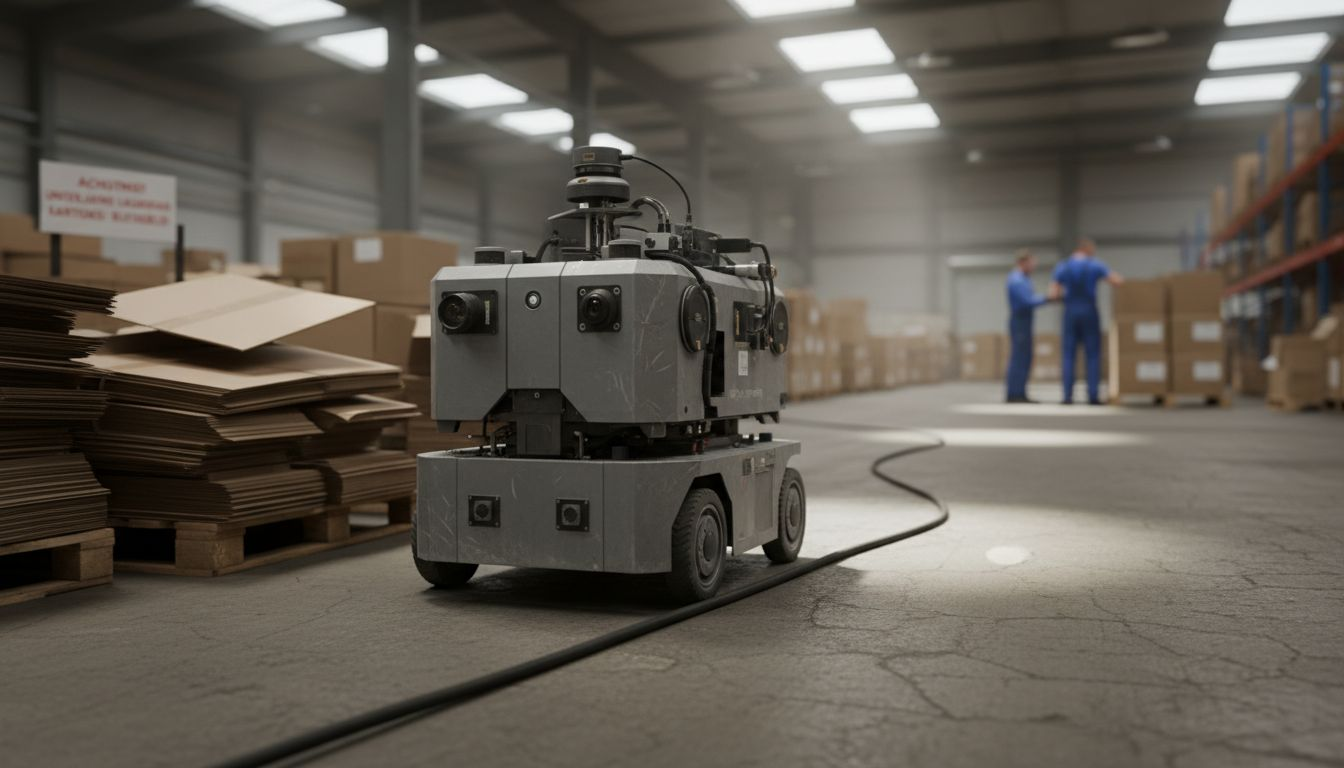 Ein mit modernen Sensoren ausgestatteter Serviceroboter bewegt sich selbstständig durch die Lagerhalle.
