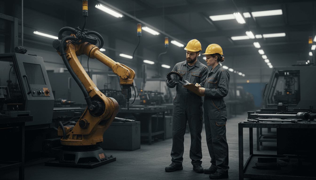 Wartungspersonal arbeitet an einem stillstehenden Roboter in der Fertigungshalle.