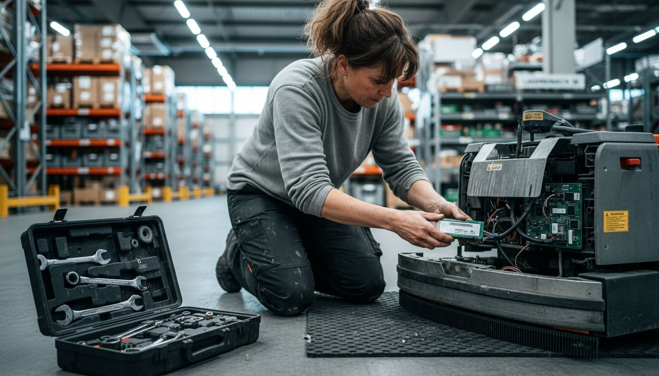 Ein Techniker tauscht in der Logistikhalle ein Roboter-Modul aus.