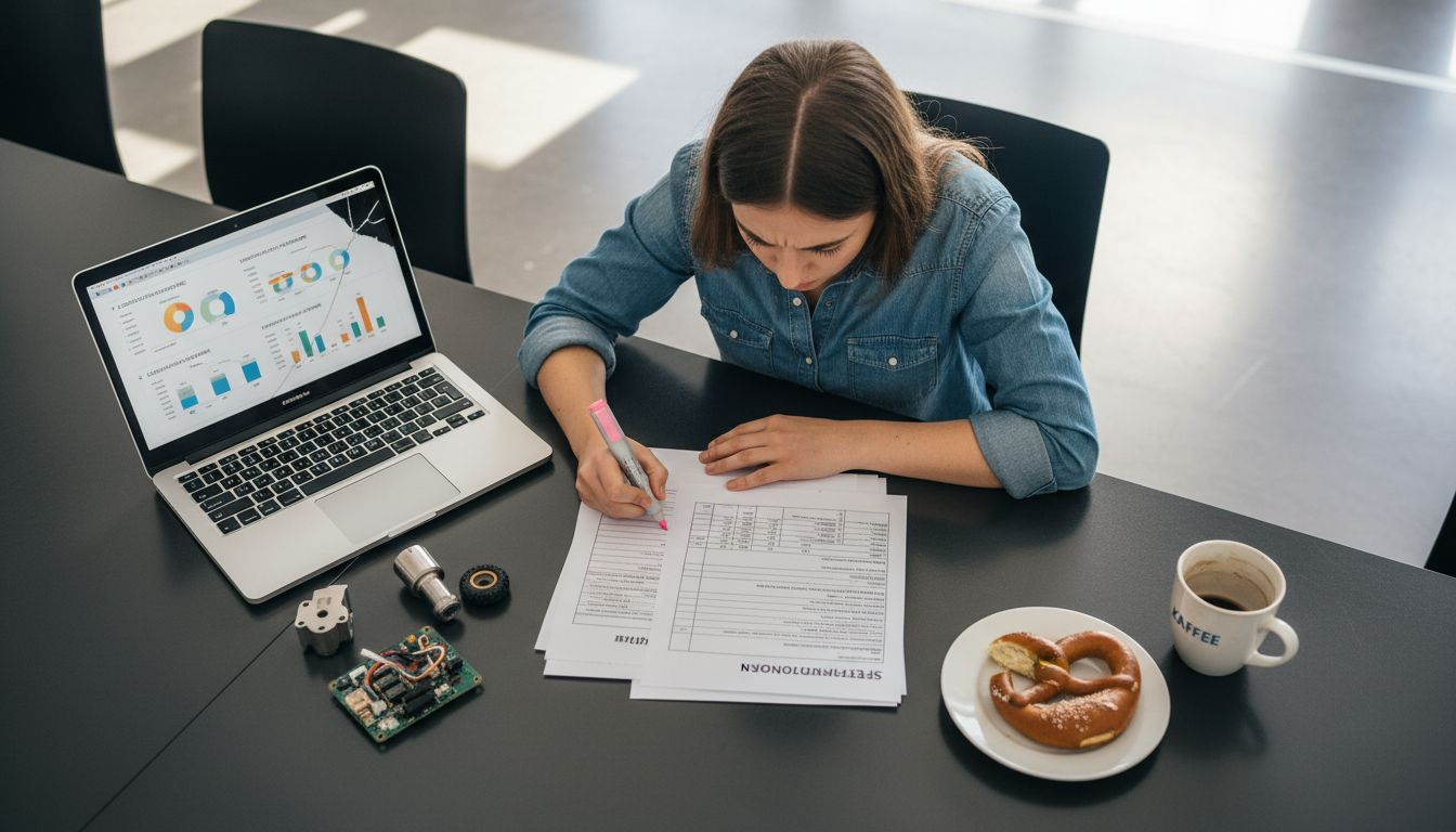 Transportroboter Auswahl: 40% Effizienz 2026 erreichen 2 Ein Ingenieur sitzt am Tisch und vergleicht die technischen Daten verschiedener Roboter.