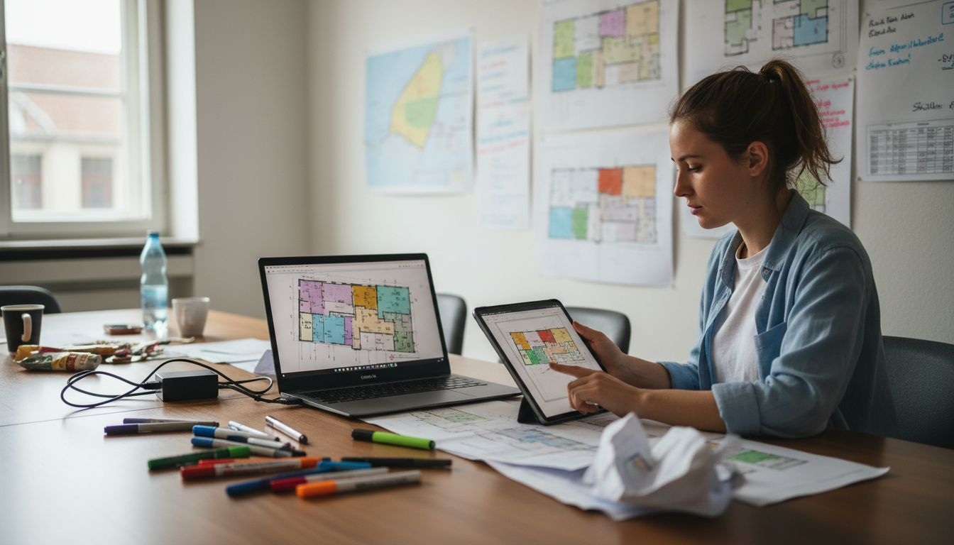 Bedarfsanalyse Reinigungsroboter 2026: 40% bessere Effizienz 2 Eine Mitarbeiterin trägt Gebäudedaten direkt am Tablet ein.