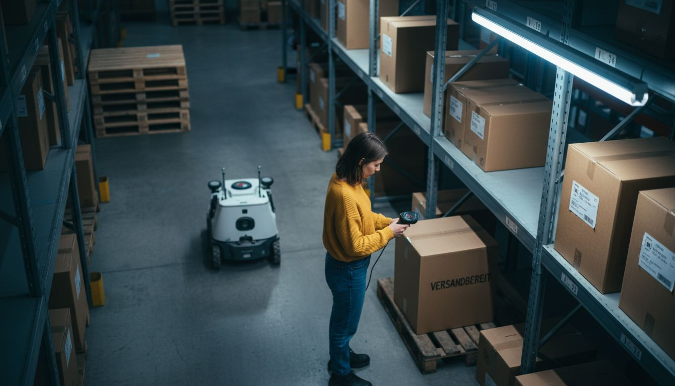 Ein autonomer Roboter bewegt sich durch das Lager.