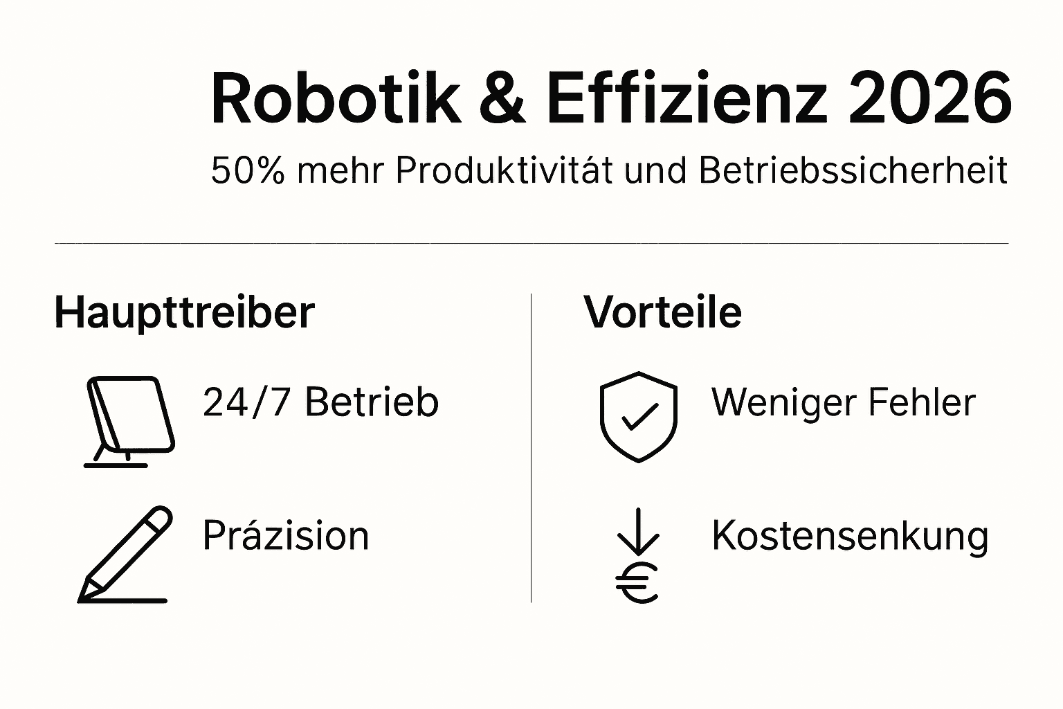 Die Infografik veranschaulicht, welche Faktoren die Effizienz von Robotik beeinflussen und welche Vorteile sich daraus ergeben.