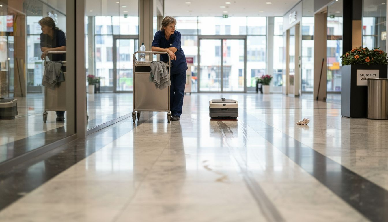 Ein Putzroboter sorgt im Einkaufszentrum für Sauberkeit.