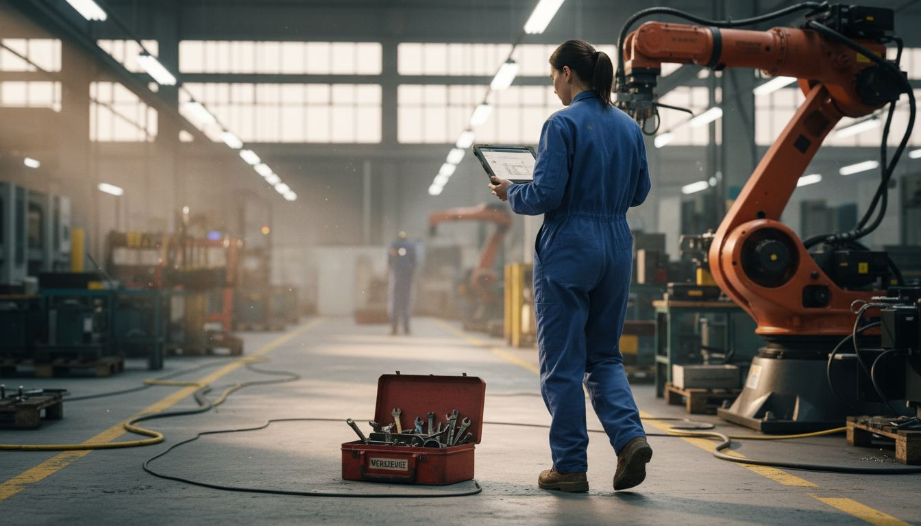 Ein Techniker überprüft die Produktionshalle auf das Vorhandensein von Robotern.