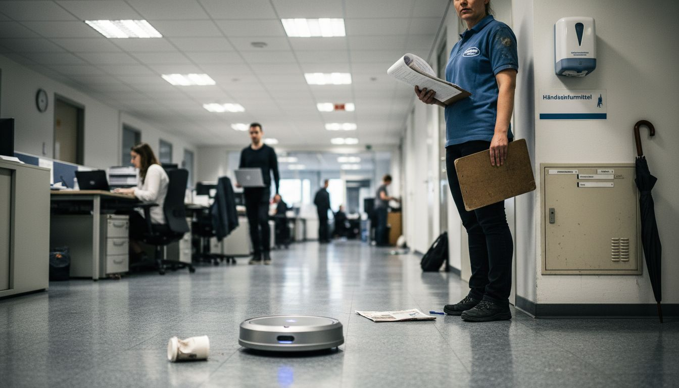 Ein Reinigungsroboter ist gerade dabei, den Flur im Büro zu säubern.