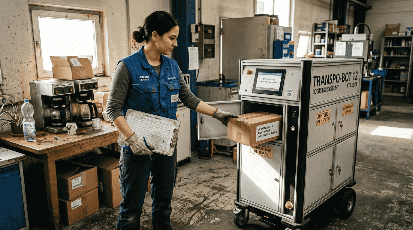 Roboter-Einführung 2026: Effizienz im Facility Management 2 Eine Mitarbeiterin übernimmt das Material direkt vom Roboter.