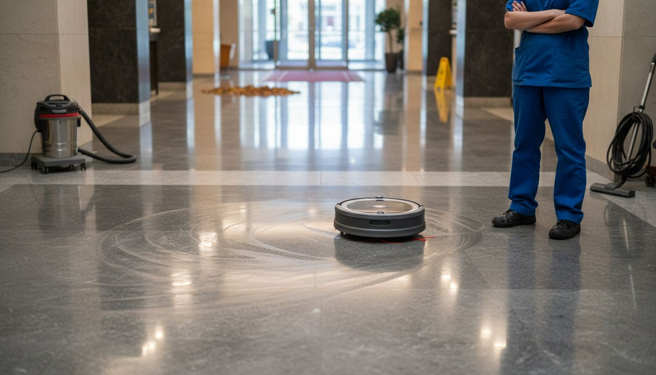 Vorteile von Service-Robotern im Facility Management 2026 2 Während die Reinigungskraft putzt, ist auch der Reinigungsroboter im Einsatz.