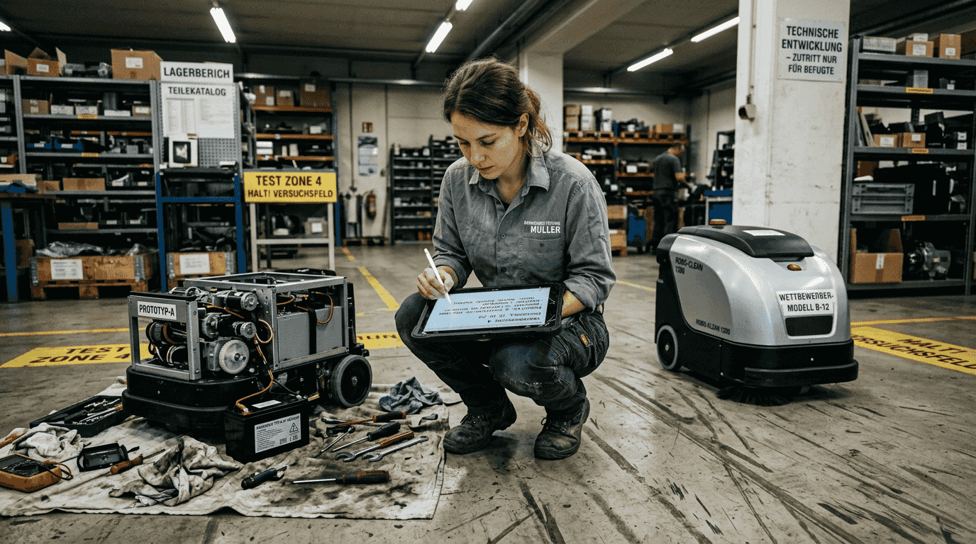 Experte prüft und vergleicht Reinigungsroboter im Lagerhaus