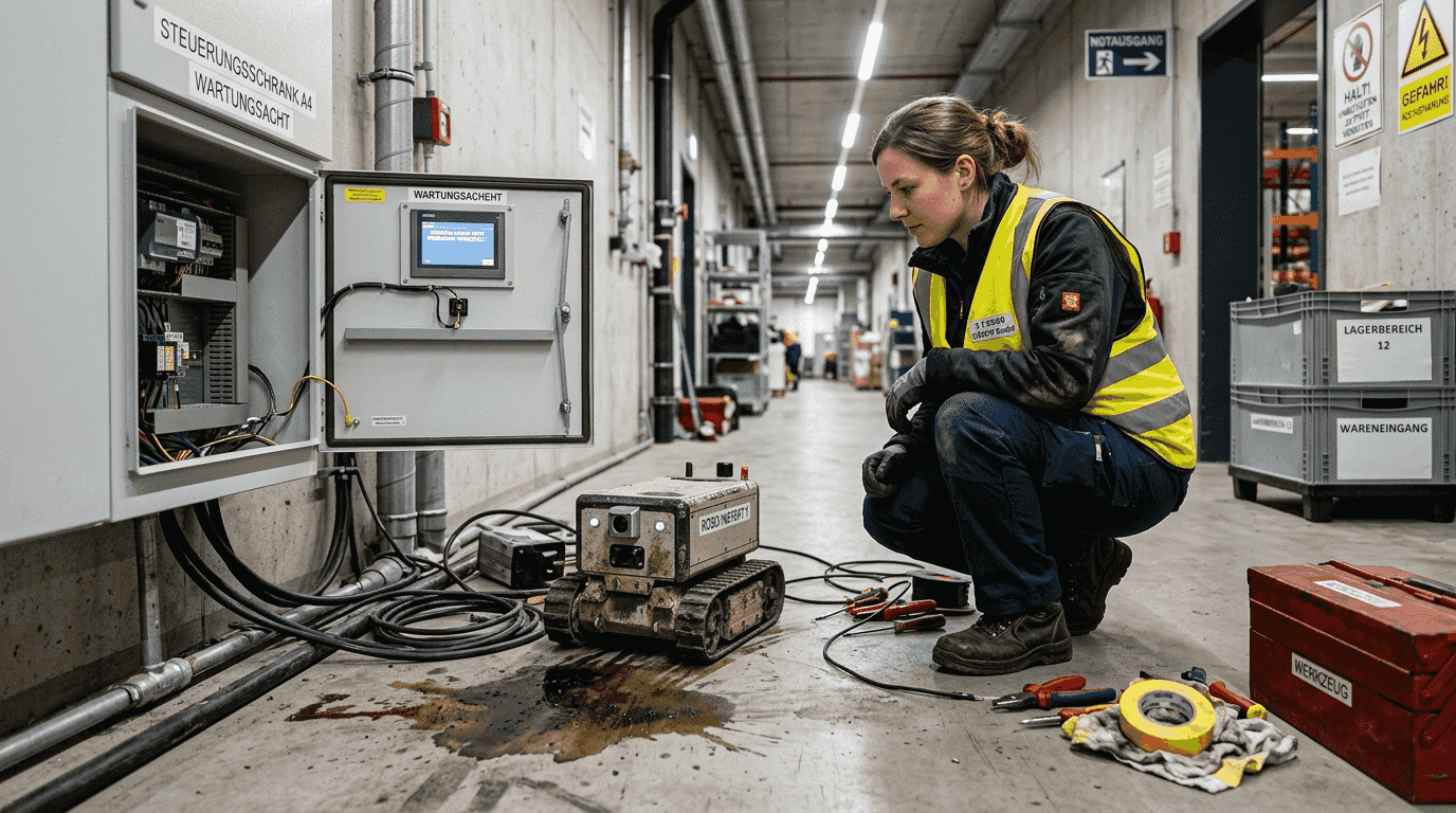 Ein Ingenieur überprüft einen Wartungsroboter im Logistikflur.