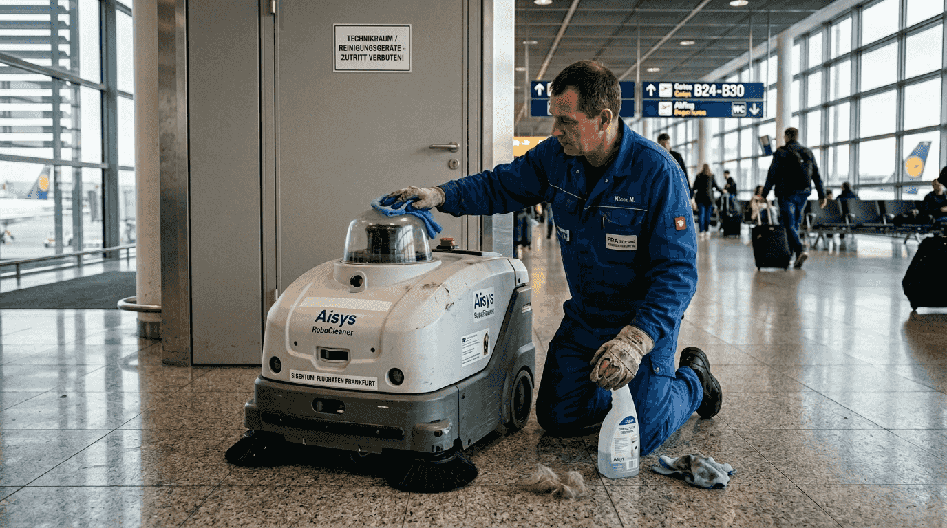 Ein Techniker führt Wartungsarbeiten am LiDAR-Sensor eines Roboters durch.