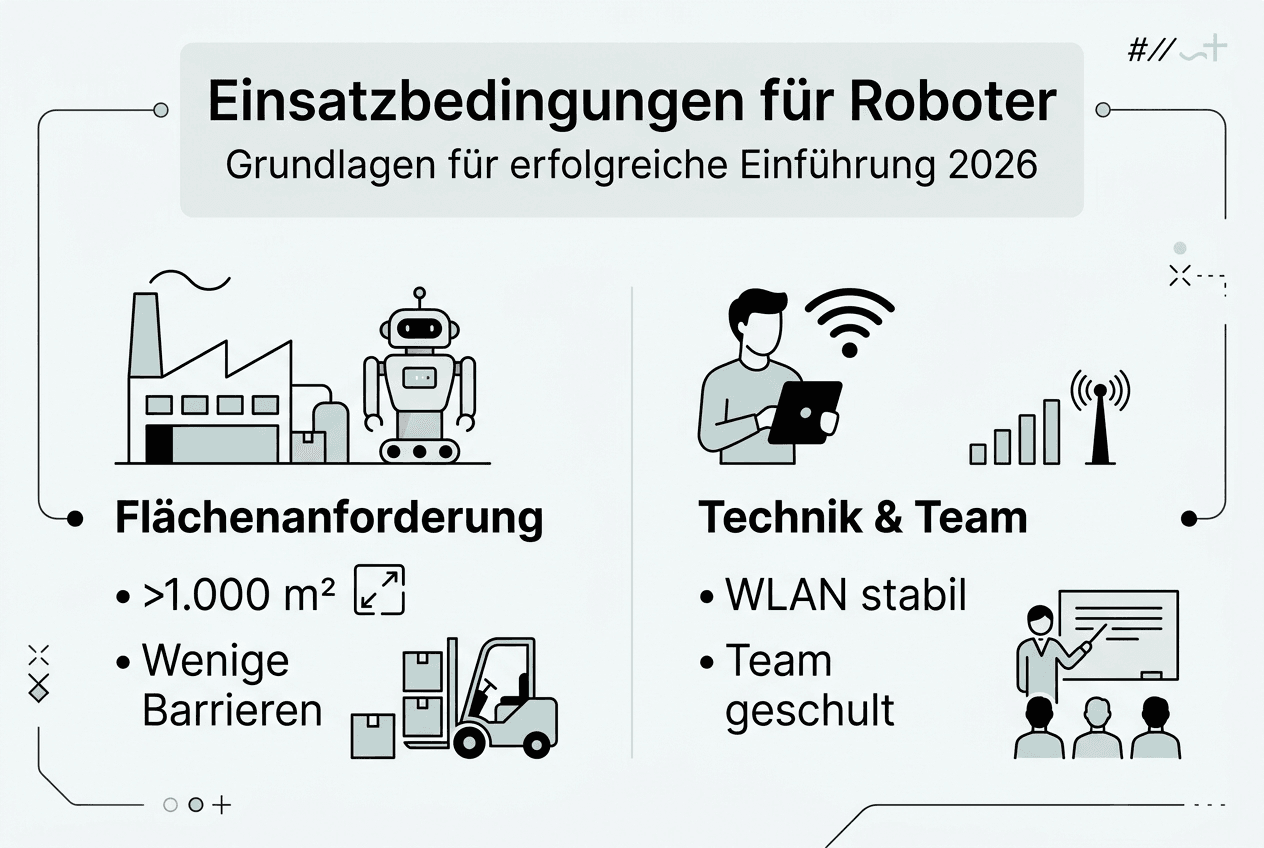Einsatzbedingungen für Roboter: Leitfaden 2026 2 Übersicht: Welche Voraussetzungen müssen für den erfolgreichen Einsatz von Robotern erfüllt sein?