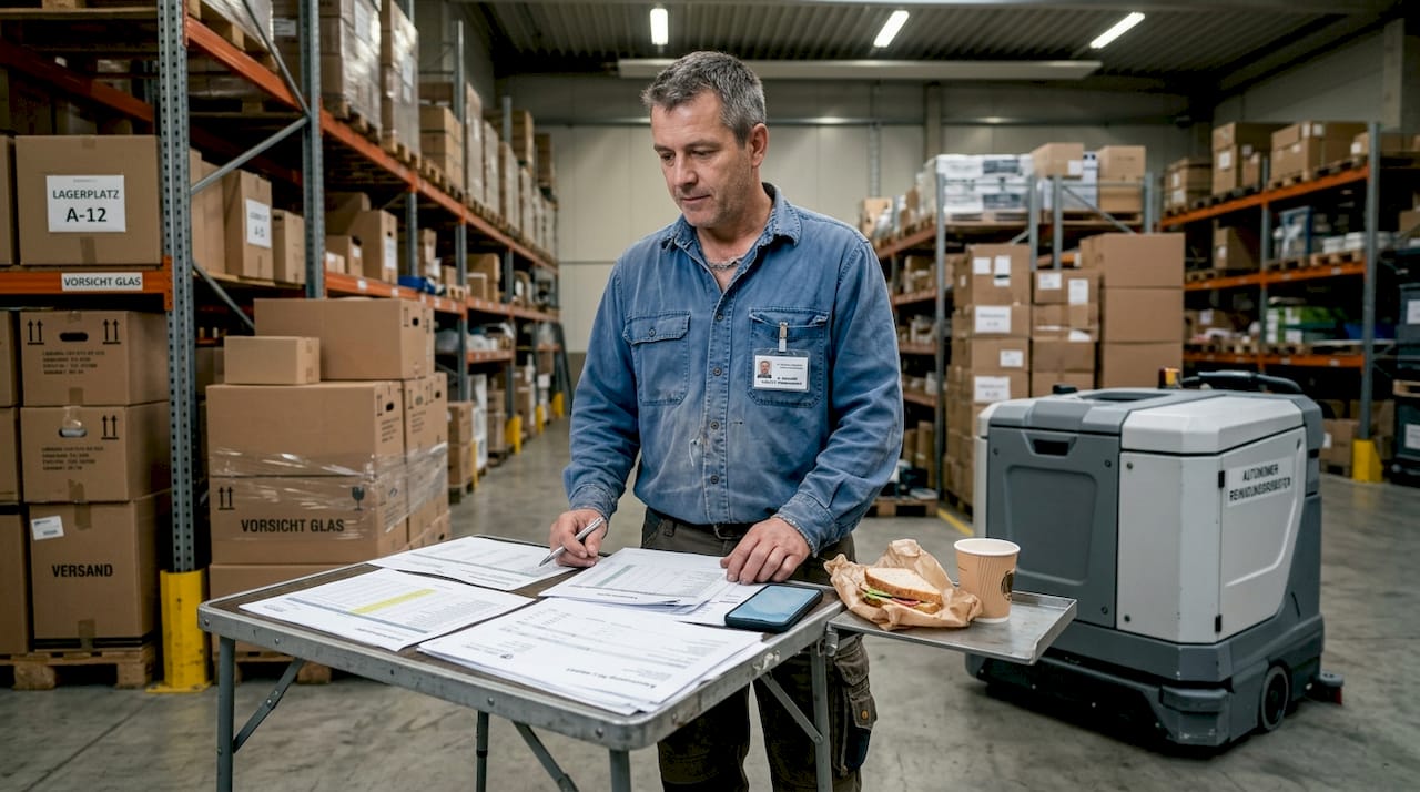 Was umfasst Robotik-Community: Leitfaden für Profis 2026 3 Ein Logistikleiter begutachtet gemeinsam mit einem Roboter die geplanten Investitionen.