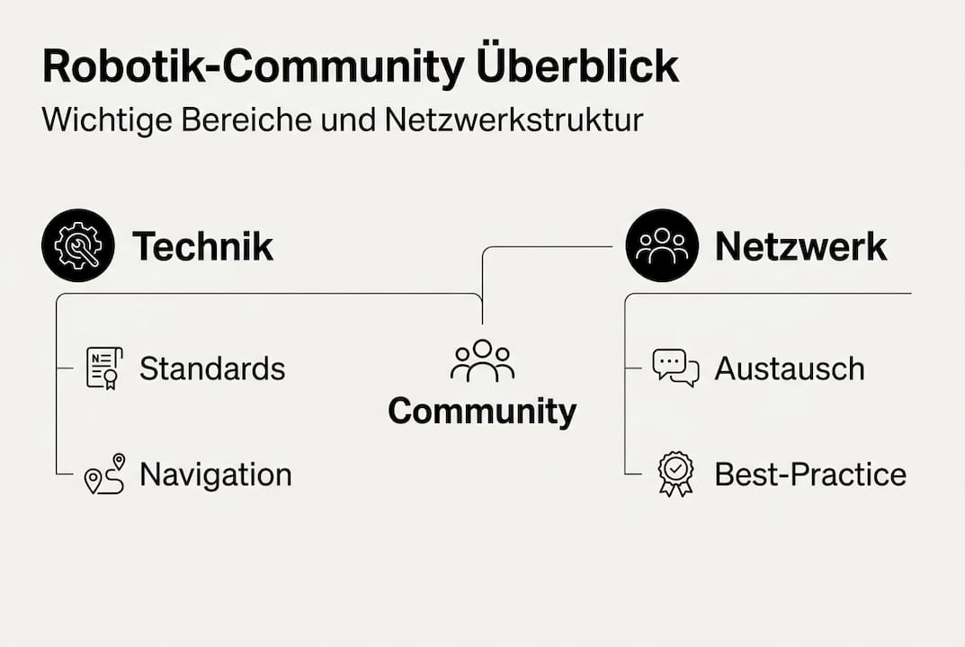 Was umfasst Robotik-Community: Leitfaden für Profis 2026 2 Infografik: Die wichtigsten Bereiche der Robotik-Community auf einen Blick