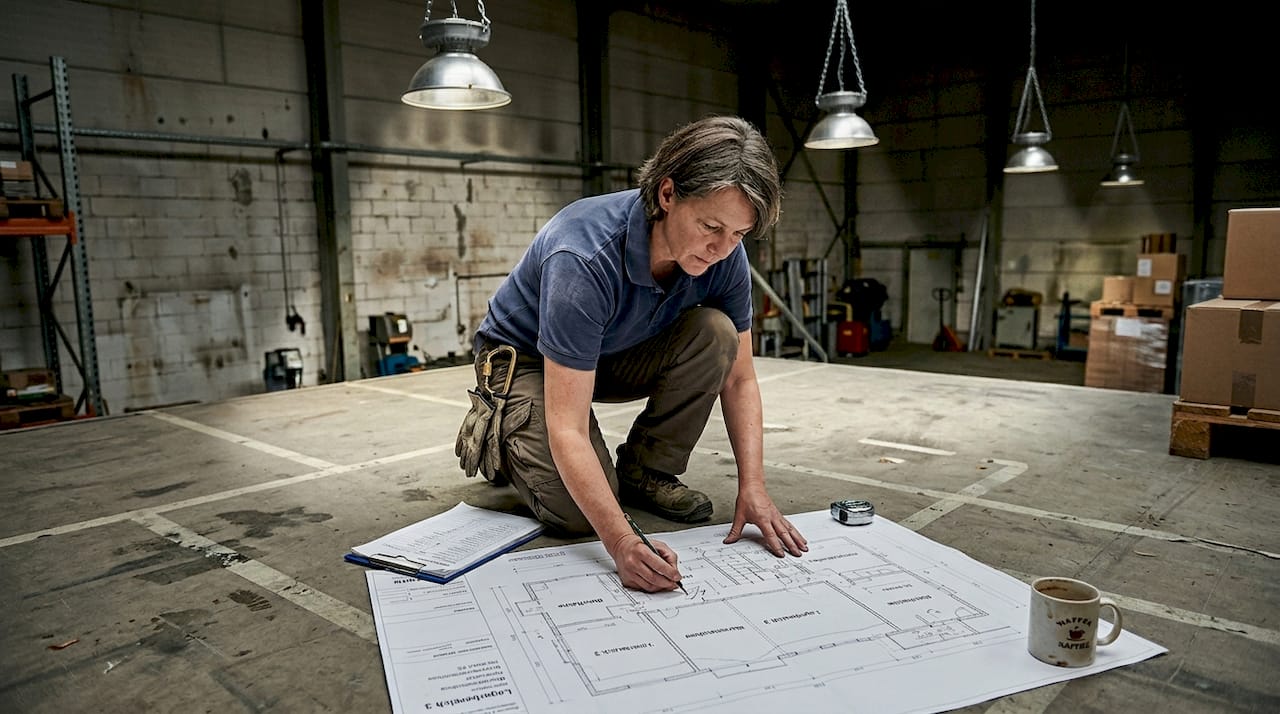 Ein Manager prüft die Lagerstruktur auf Optimierungsmöglichkeiten für den Einsatz von Robotik.