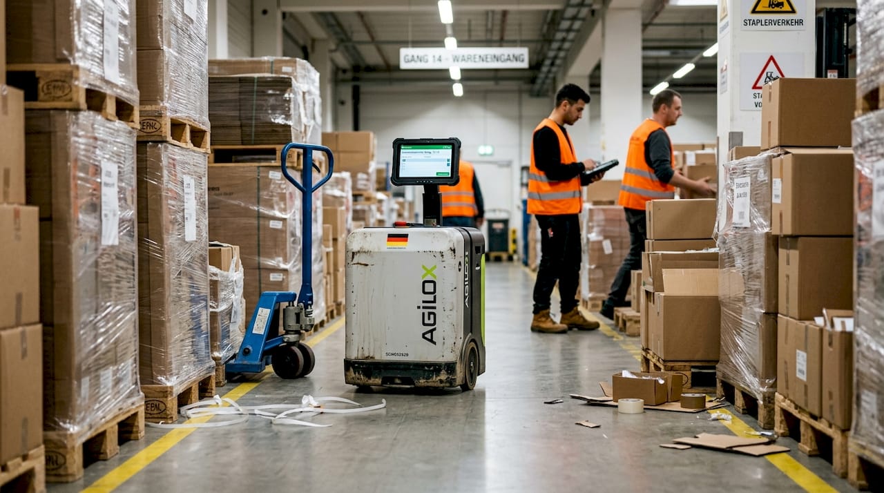 Effiziente Robotiklösungen: Top-Optionen für Reinigung & Logistik 2 Ein Logistikroboter fährt selbstständig durch die Gänge des Lagers und sorgt für einen reibungslosen Warenfluss.