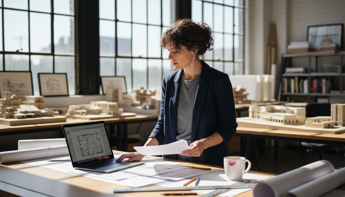 Architect reviews product specs at drafting table