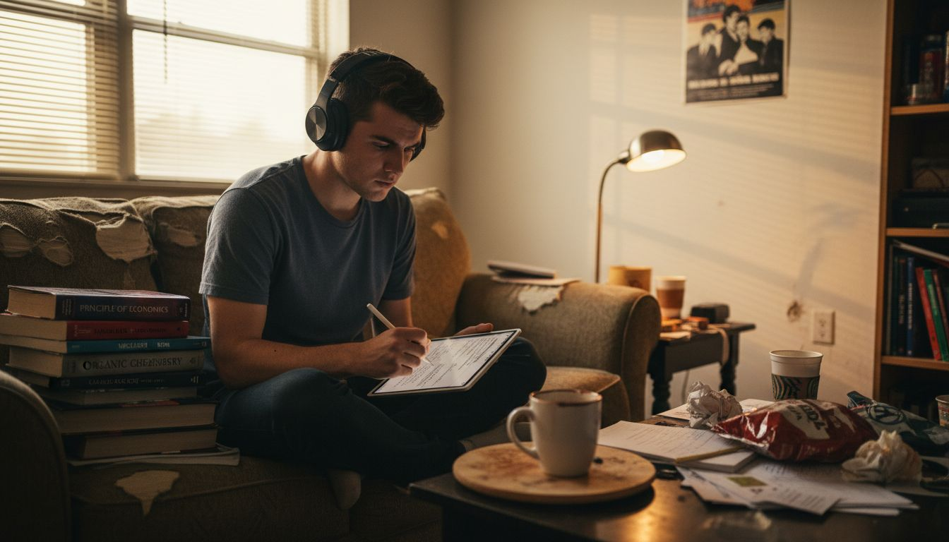 Student with headphones in busy living space