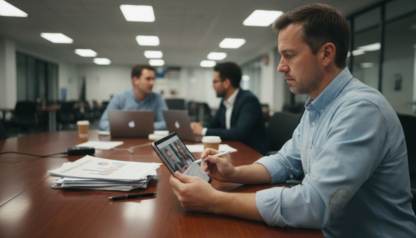 Man participating in education webinar in group workspace